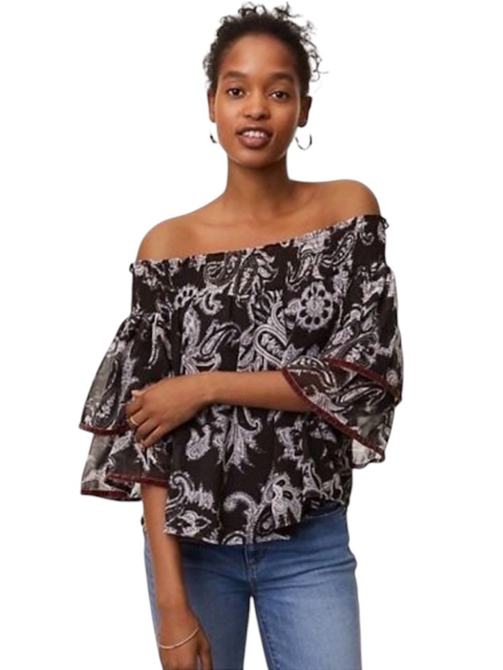LOFT Paisley Off Shoulder Boho Peasant Top Bell Sleeve Black White XS